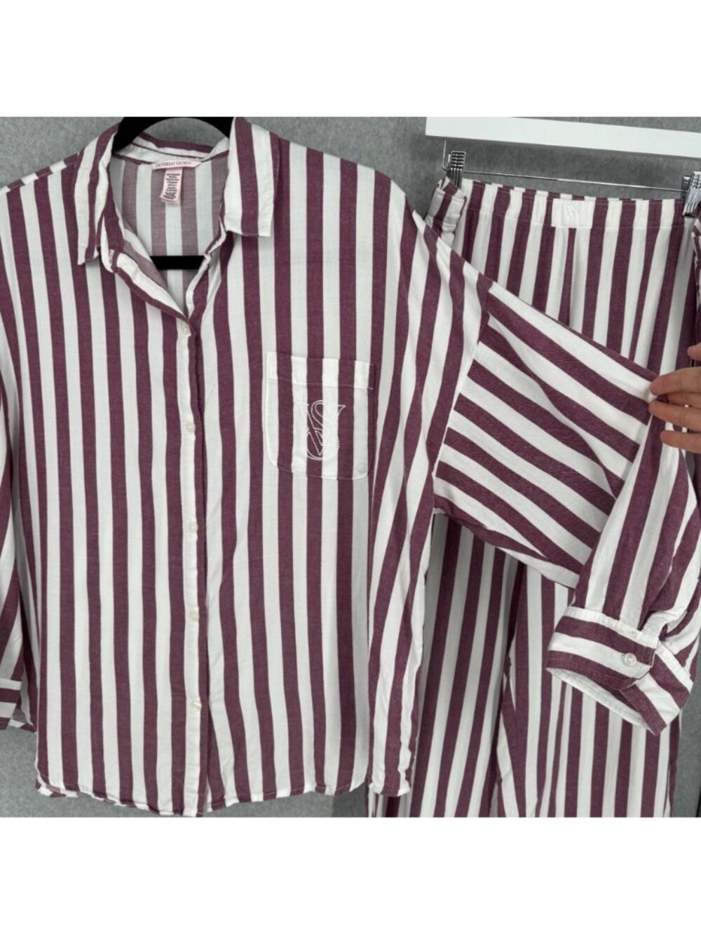 Victorias Secret Striped Pajama Shirt and Pant Set Size XL Purple White Soft - Picture 3 of 16
